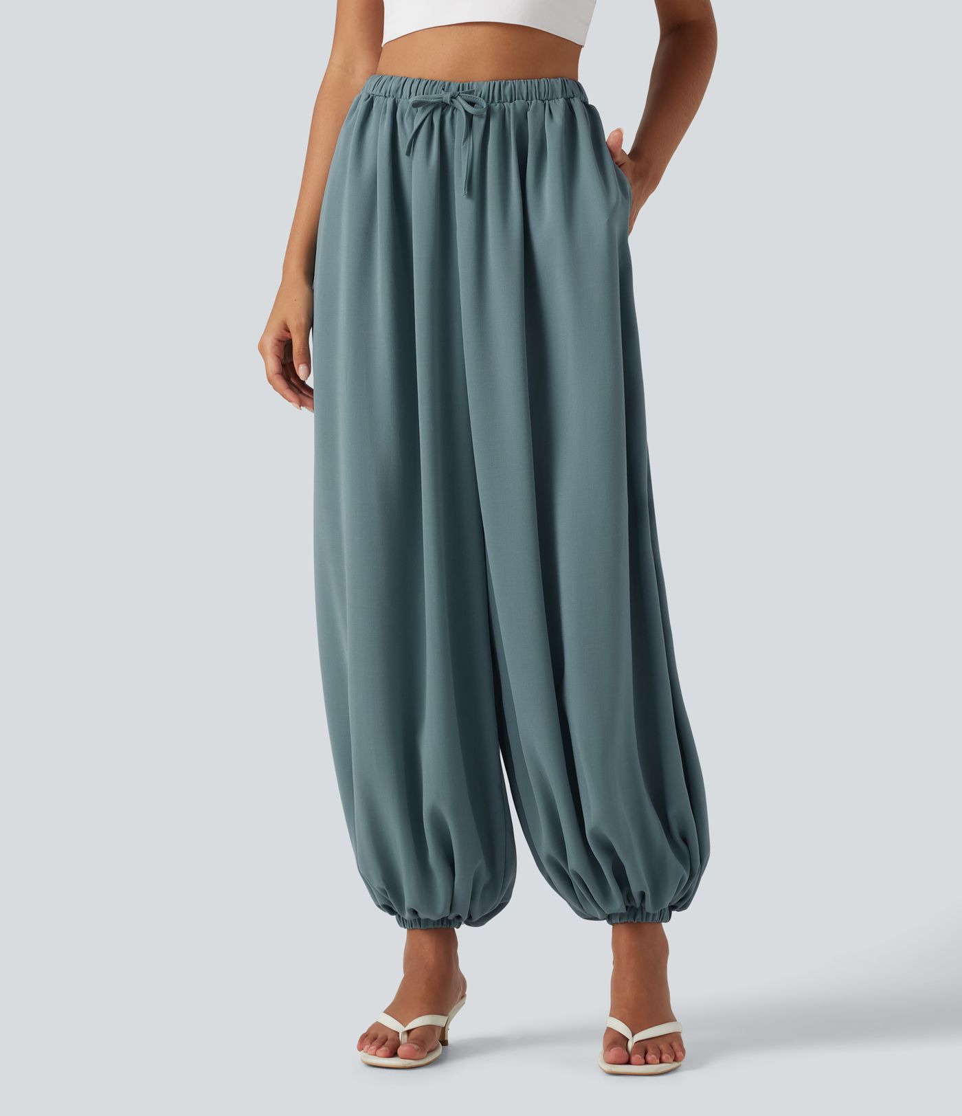 Pantalon de jogging effet lin taille haute à cordon avec poches
