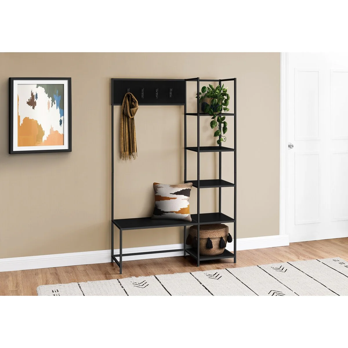 Bench, Entryway, Hallway, Storage, Organizer, Coat Rack, Hall Tree, Metal, Laminate, Contemporary, Modern
