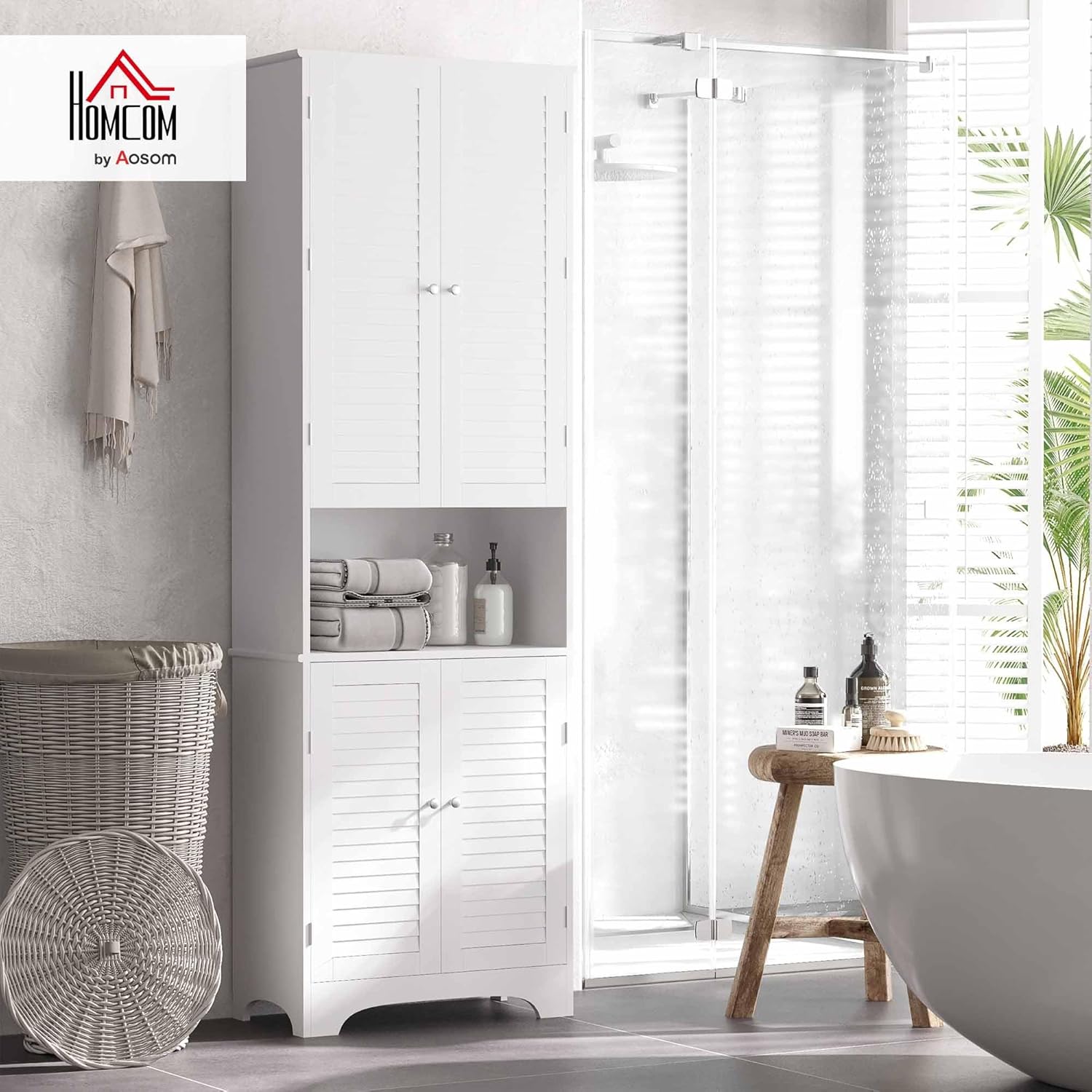 HOMCOM Tall Narrow Bathroom Storage Cabinet with Doors and Shelf Adjustability, Freestanding Linen Cabinet with 2 Cabinets and Countertop, White