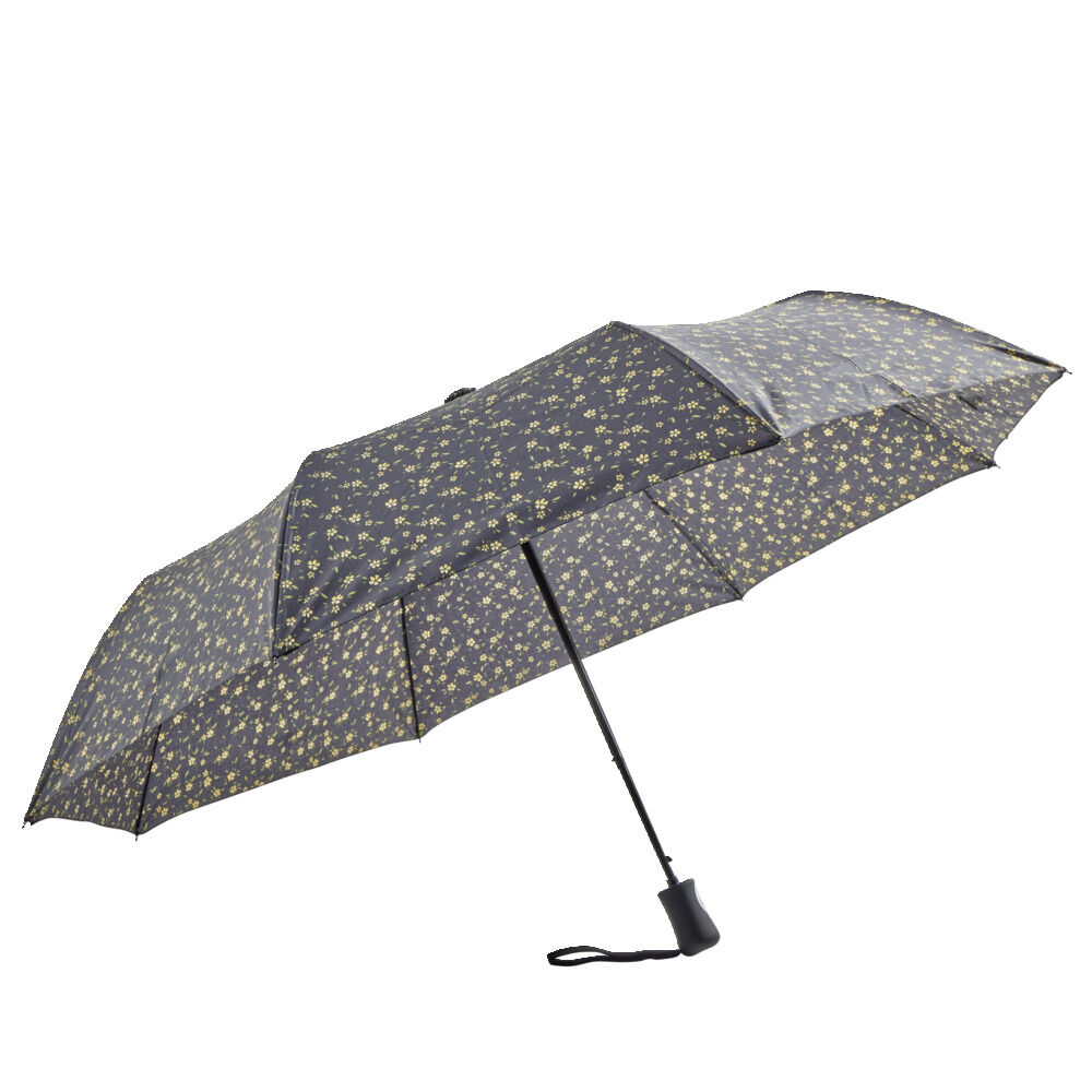 Parapluie pliable automatique uni noir et fleur jaune L24cm