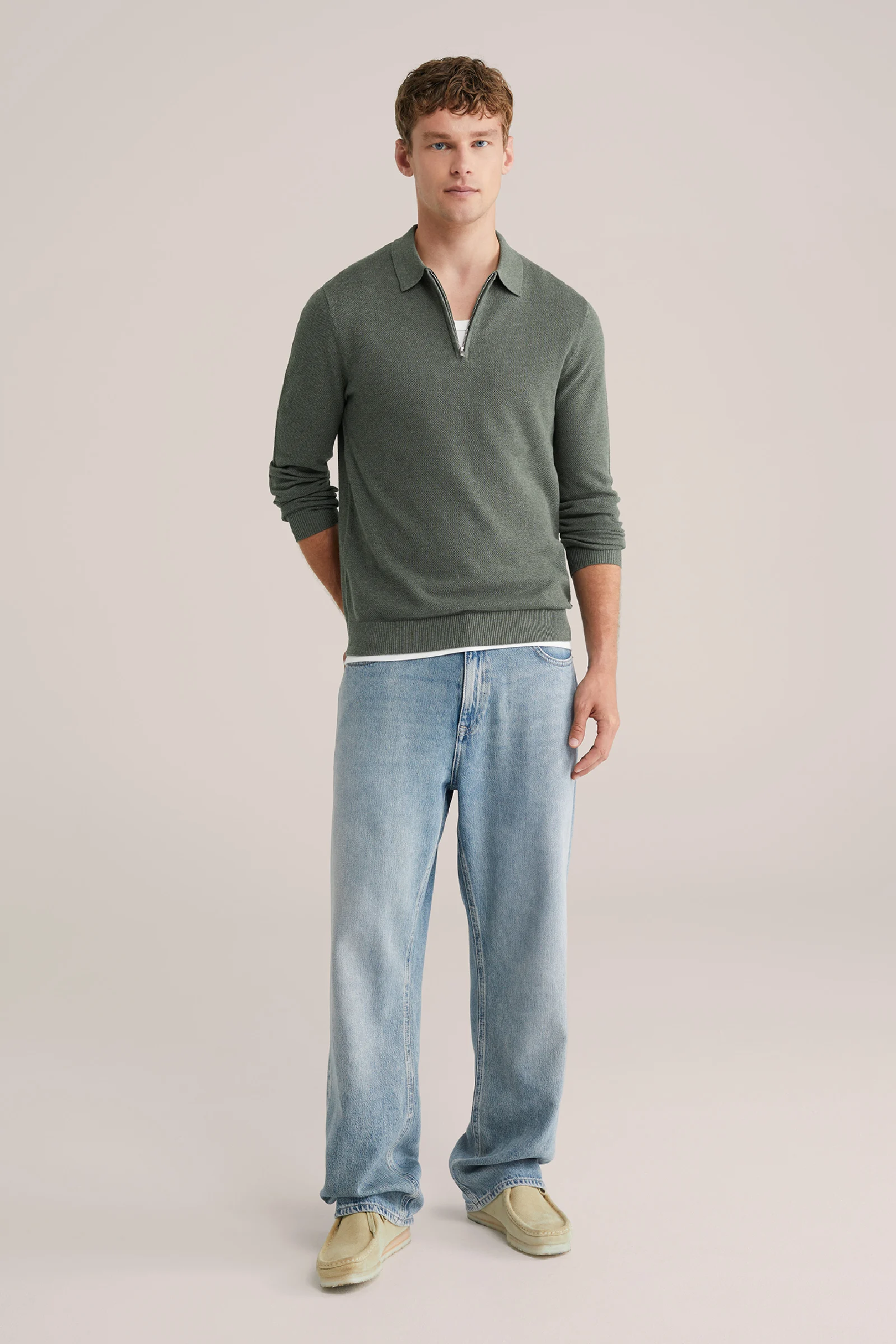 Heren regular fit trui van pique met quarter-zip