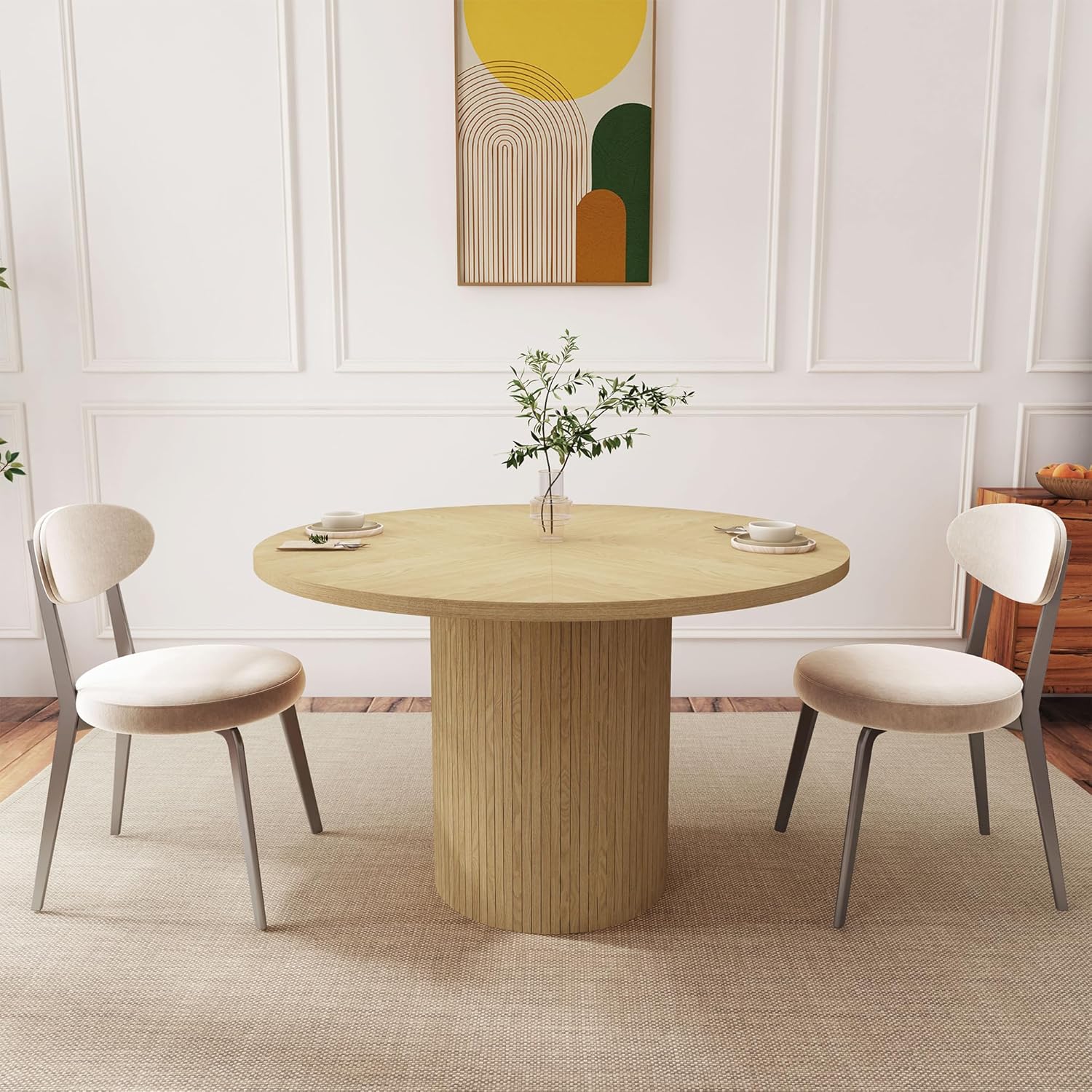 47 Inch Round Dining Table, Farmhouse Fluted Dining Kitchen Table, Modern Wood Small Circle Dining Table for Kitchen Living Room, Natural