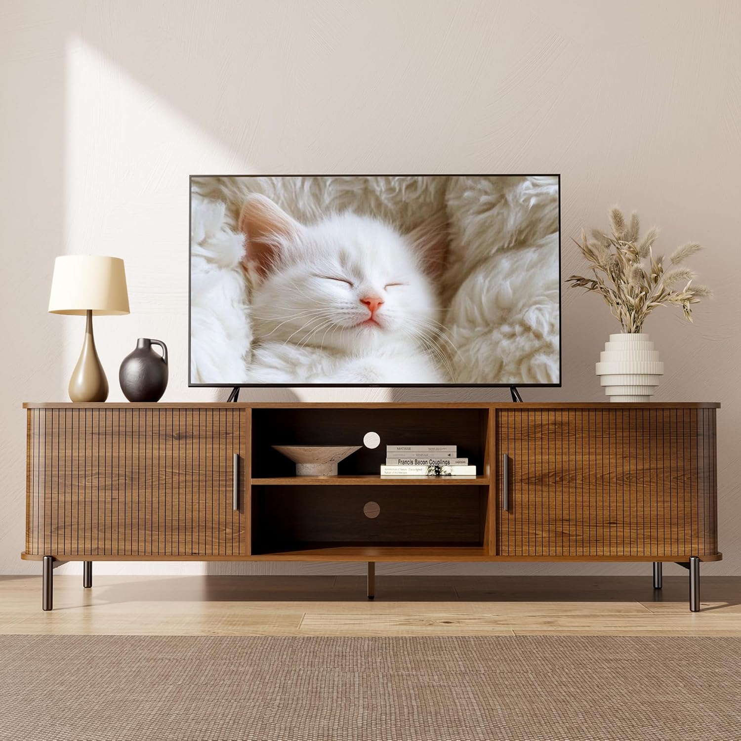 SUNCOZE 70 Mid-Century Fluted TV Stand with Storage, Modern Entertainment Centerfor TVs up to 80 Inch with Sliding Tambour Doors & Open Shelves, Media Console for Living Room or Bedroom (Walnut)