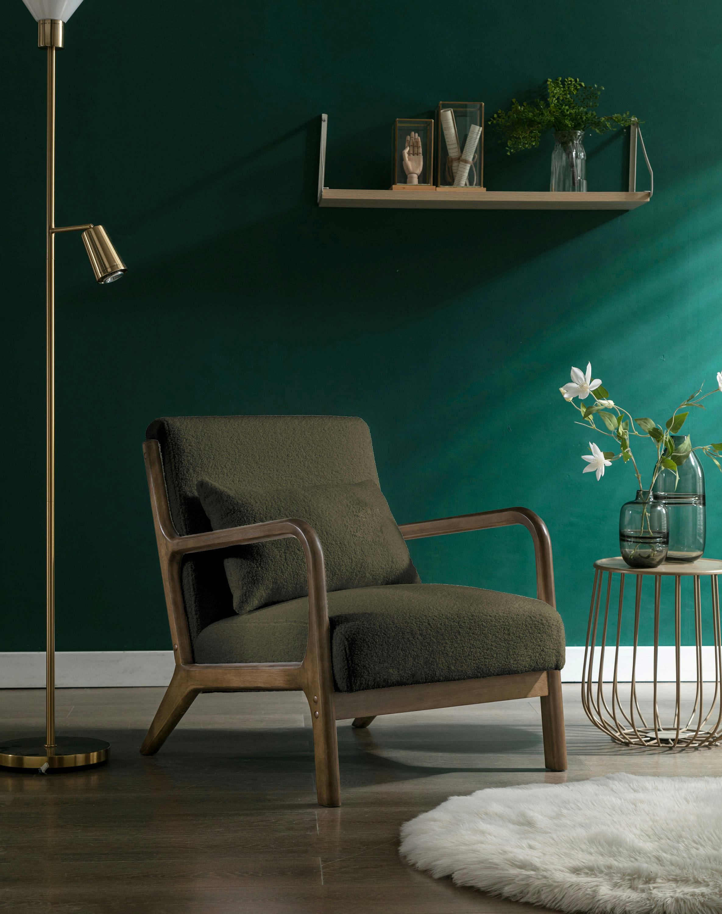 ZACK - Fauteuil lounge avec coussin Bouclette Army et bois teinté noyer