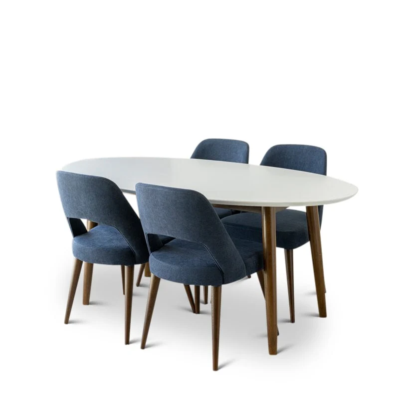 Kacey 5-Piece Mid-Century Modern Oval Dining Set with 4 Linen Dining Chairs in Blue