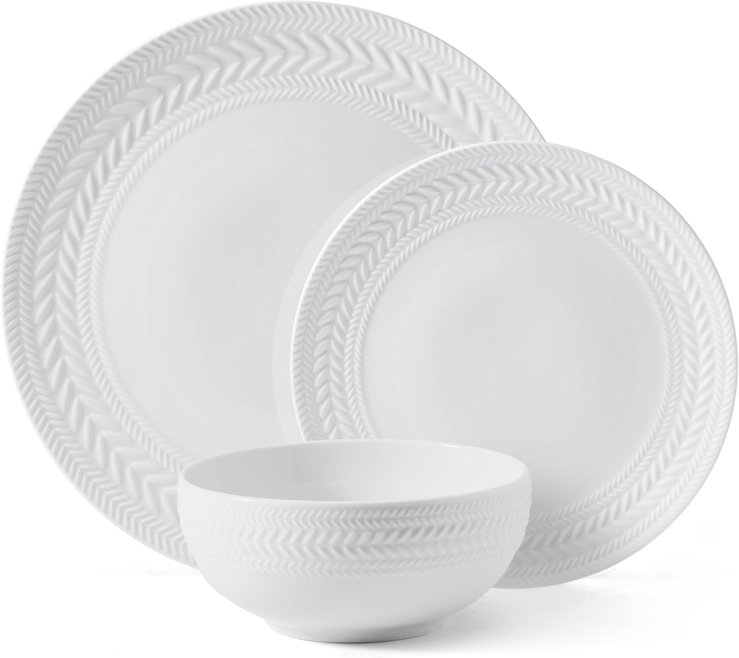 Pfaltzgraff Josephine 24-Piece Dinnerware Set, Porcelain Dish Set with Embossed Basket Weave Design, Service for 8, White Plates and Bowls Sets, Microwave and Dishwasher Safe