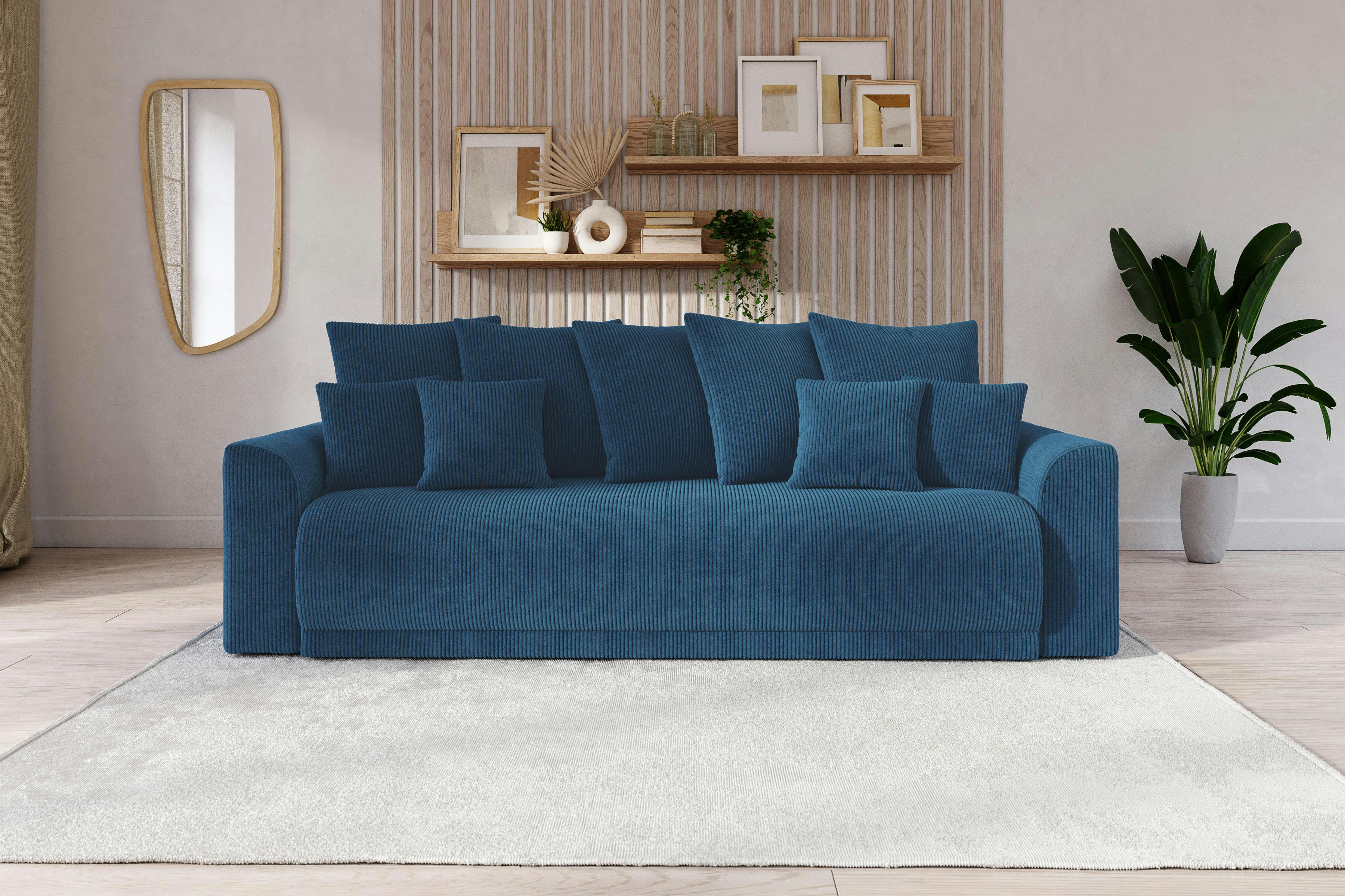 NOVA - Canapé droit convertible en velours côtelé 3 places bleu cobalt