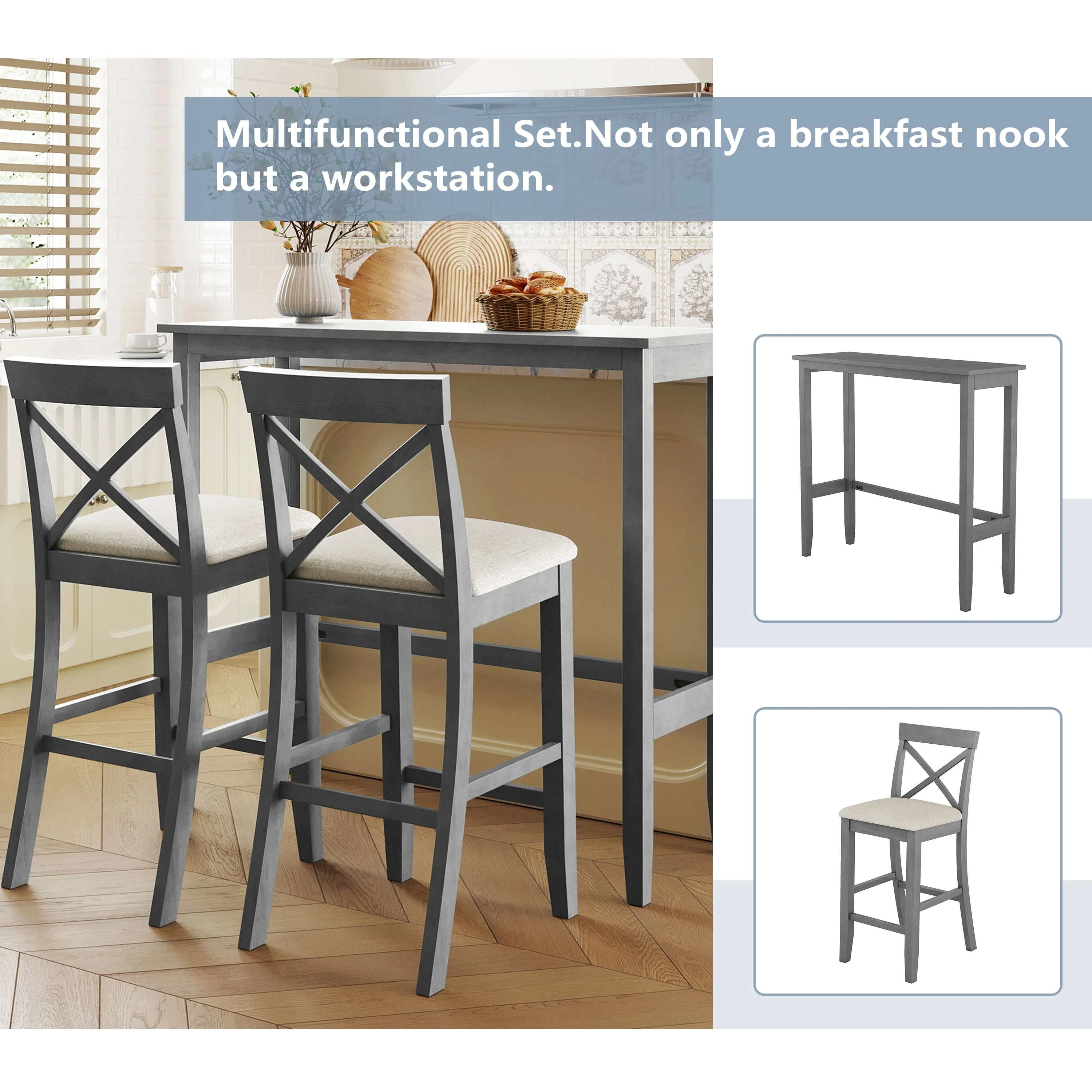 Gray 3-Piece Wooden Counter Height Dining Table Set with 2 Chairs