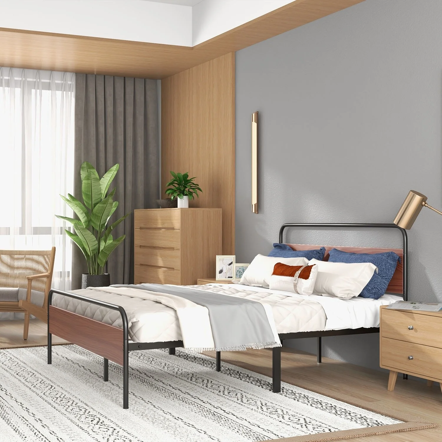 Furniwell Metal Platform Bed Frame with Wooden Headboard, Black/Red