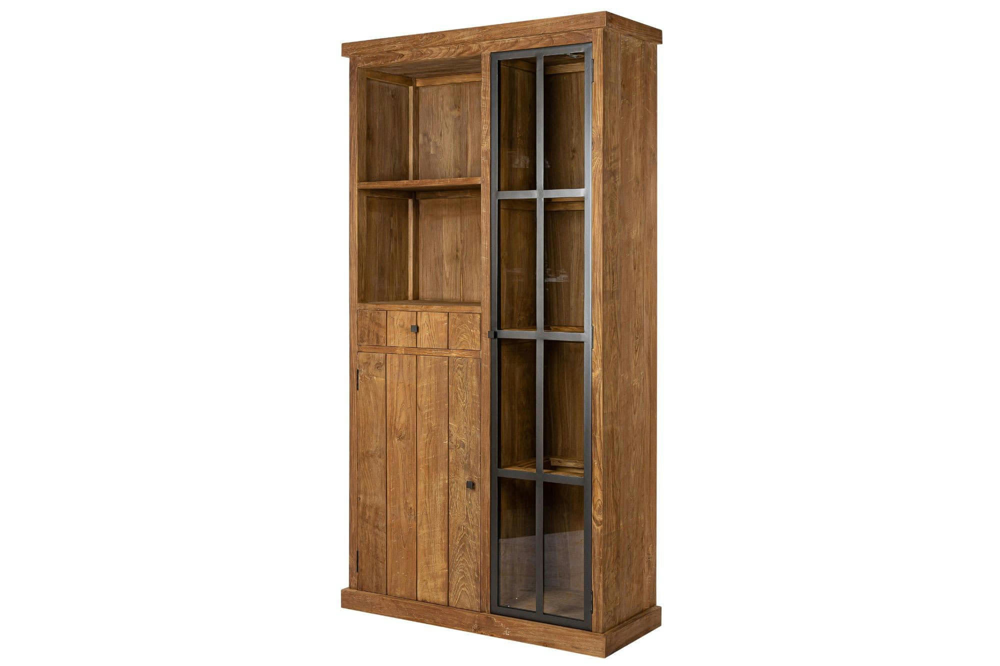 LINAS - Vitrine en bois recyclé et métal 2 portes 2 tiroirs 2 niches ouverte