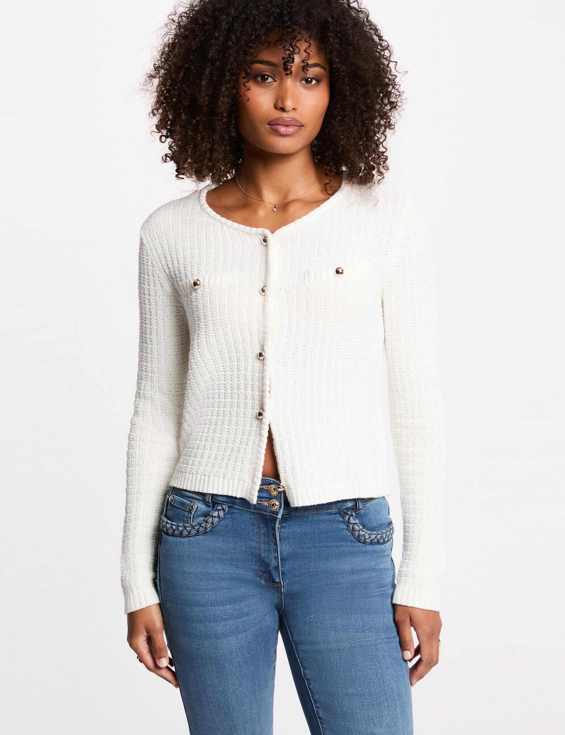 Fitted Buttoned Cardigan White Women