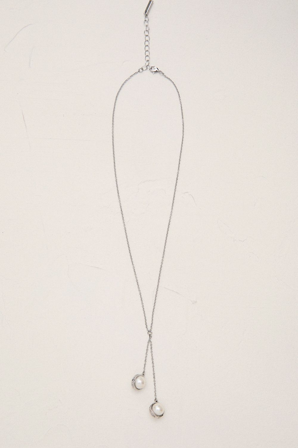 KarenMillen Silver Tone Logo Pearl Double Drop Necklace