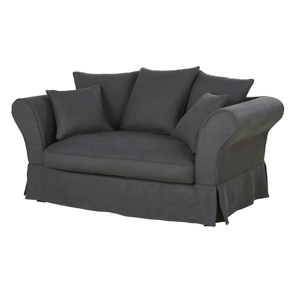 Roma - Housse de canapé 2 places en lin froissé gris anthracite