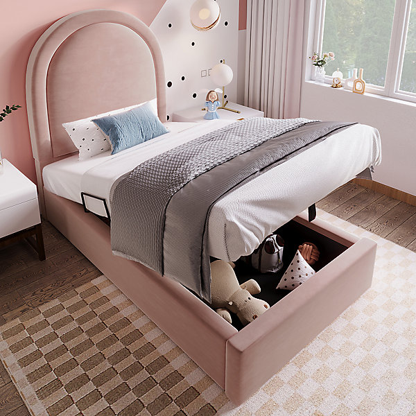 Lit d'enfant rembourré,Lit simple avec motif cosmique, 90 x 200 cm, Rose,Velours pour garçons &filles ,Sans matelas