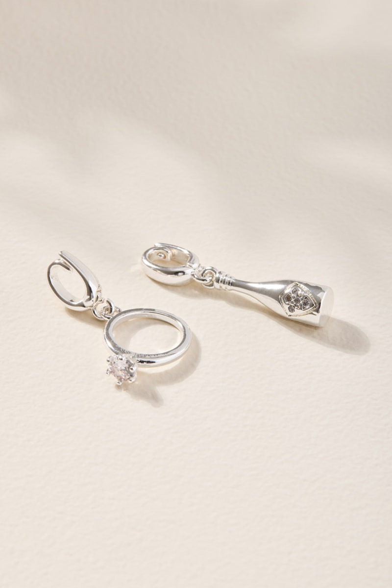 Engagement Ring and Champagne Bottle Charm Set Silver
