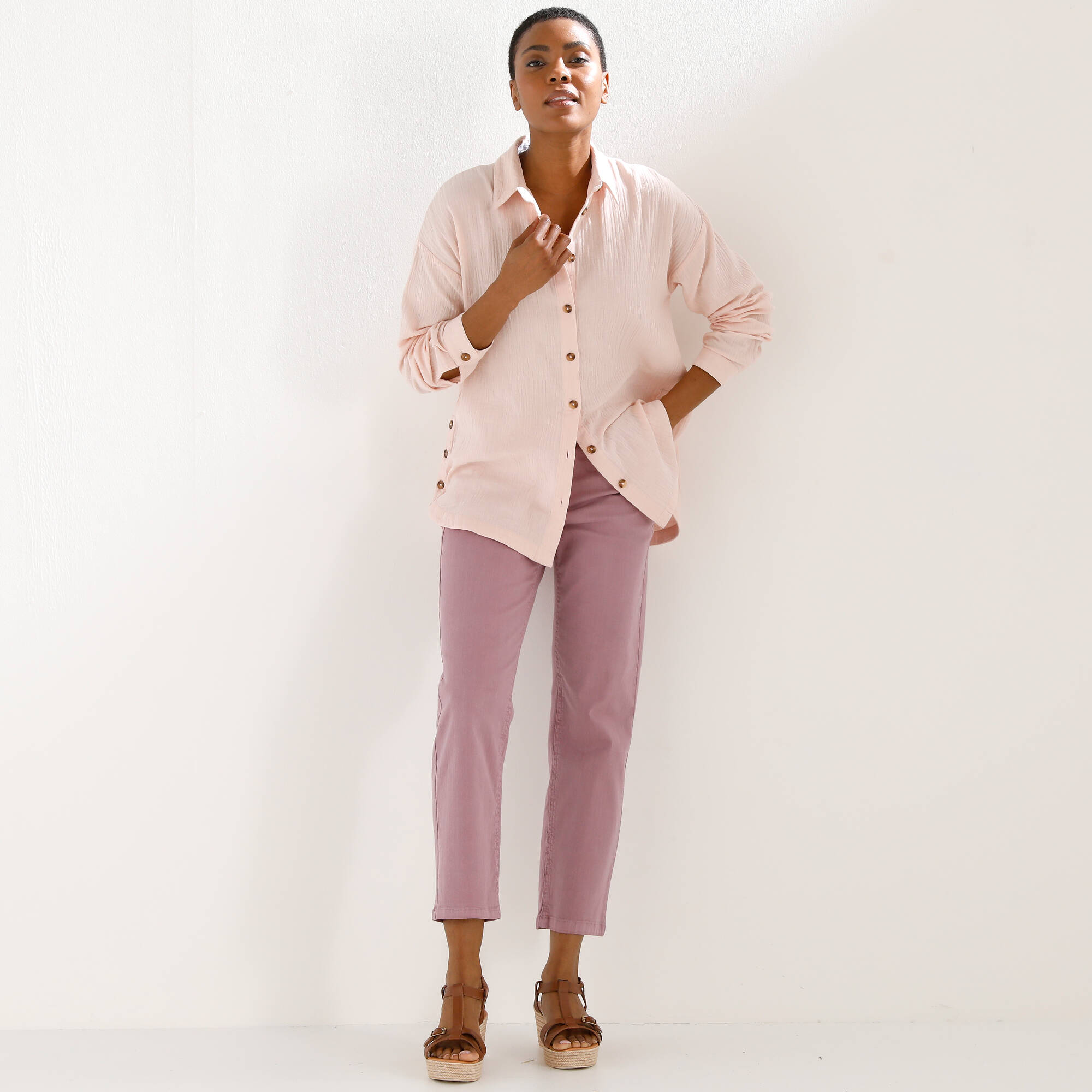 Chemise boutonnée unie, gaze de coton