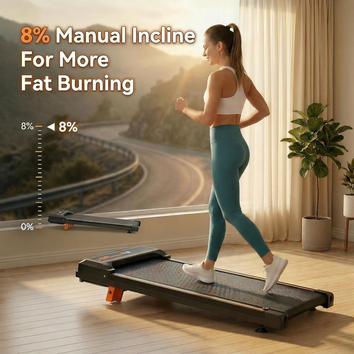 Walking Pad Treadmill with 8% Incline, 2.5HP Quiet Motor, 300 lbs Capacity, Under Desk Treadmill with Remote & LED Display, 0.5–4 MPH, Portable Treadmill for Home, Apartment & Office