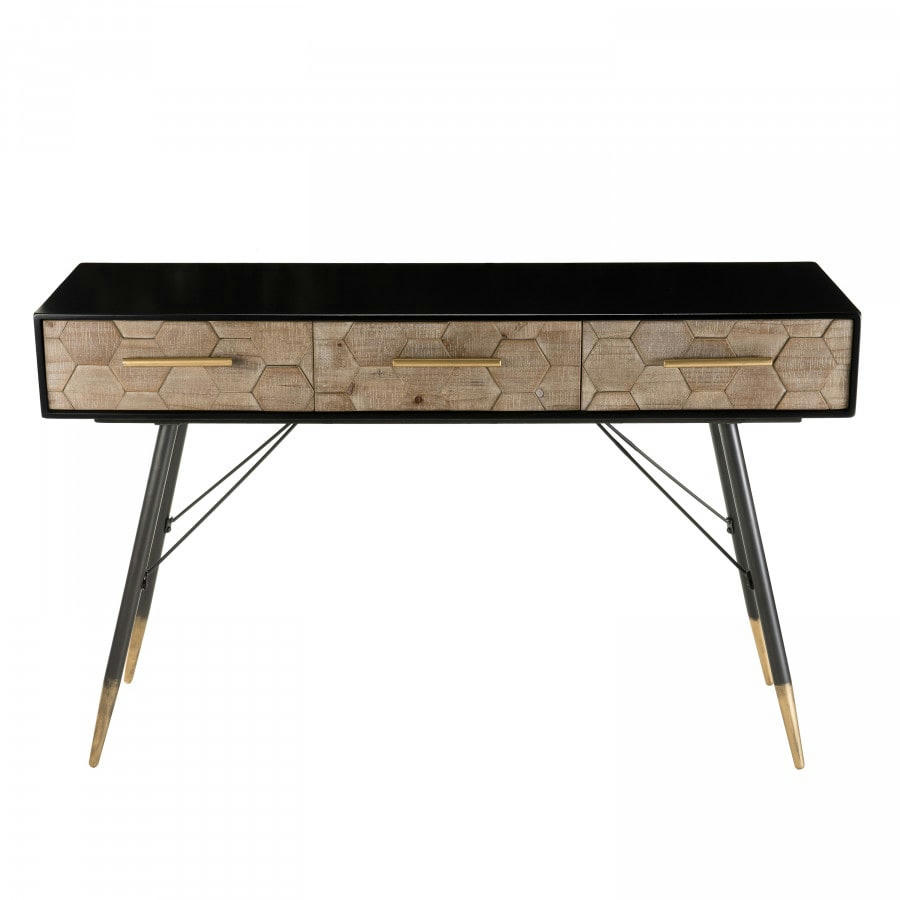 DALIE - Console noire 3 tiroirs en sapin marqueté pieds métal doré