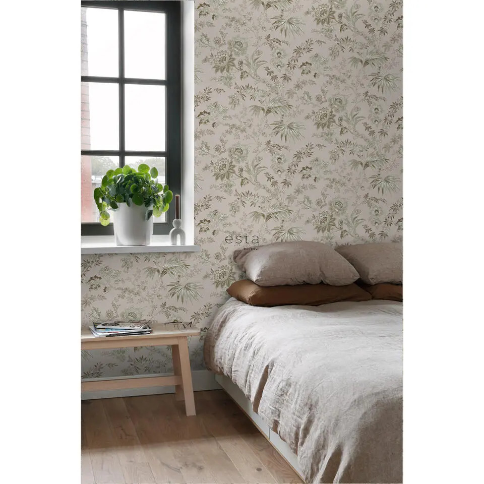ESTAhome behang vintage bloemen oudroze en olijfgroen - 53 cm x 10.05 m