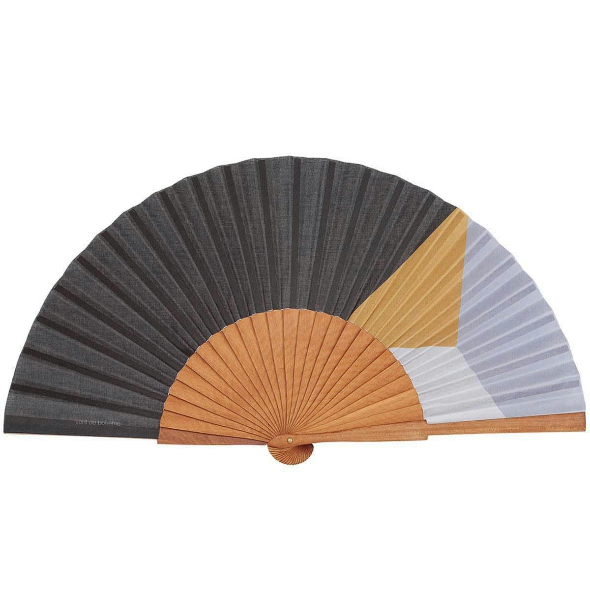 PARADIS - Éventail en bois de merisier et coton imprimé graphique noir