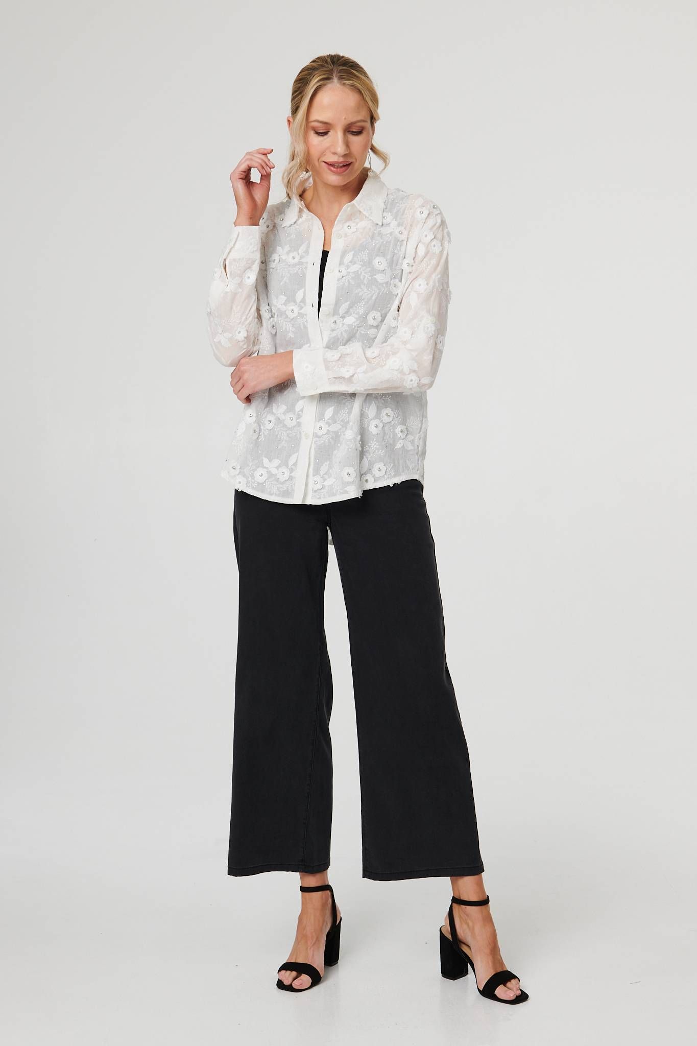 Izabel London Floral Lace Embroidered Semi Sheer Shirt