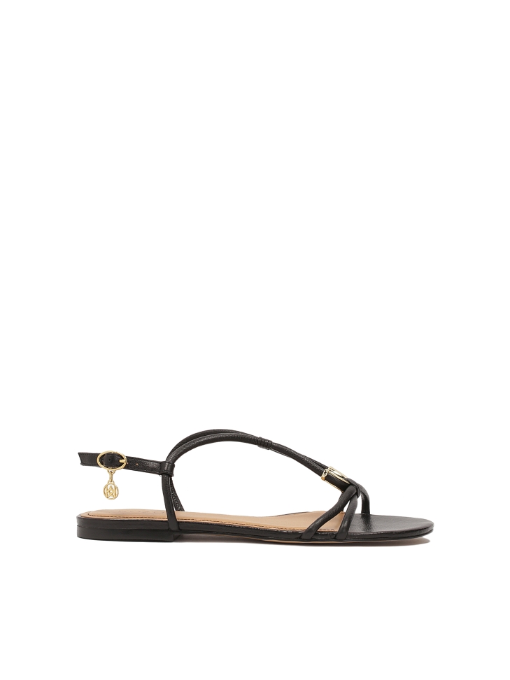 Black leather sandals with jewelry embellishment