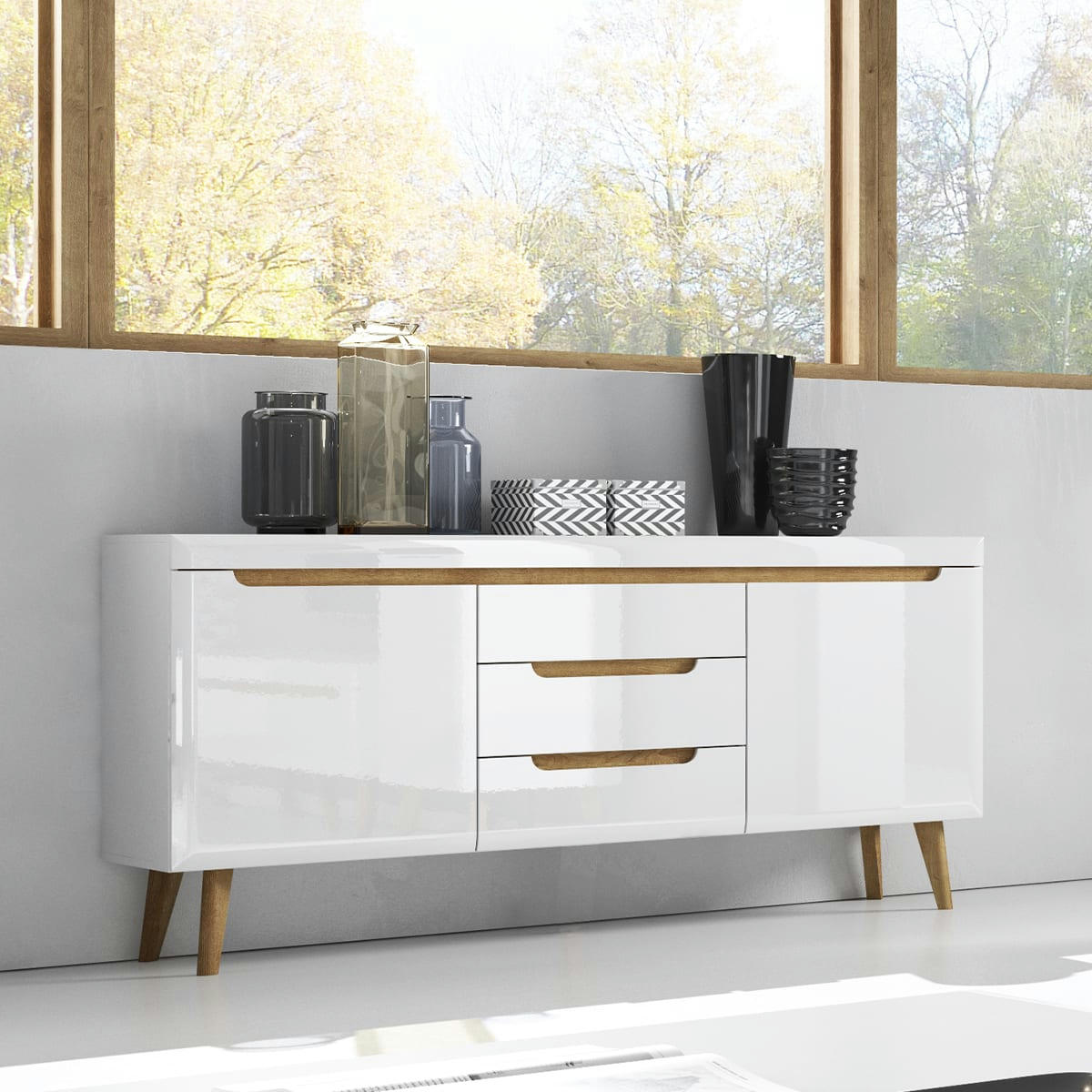 - Buffet 2 portes 3 tiroirs blanc et naturel