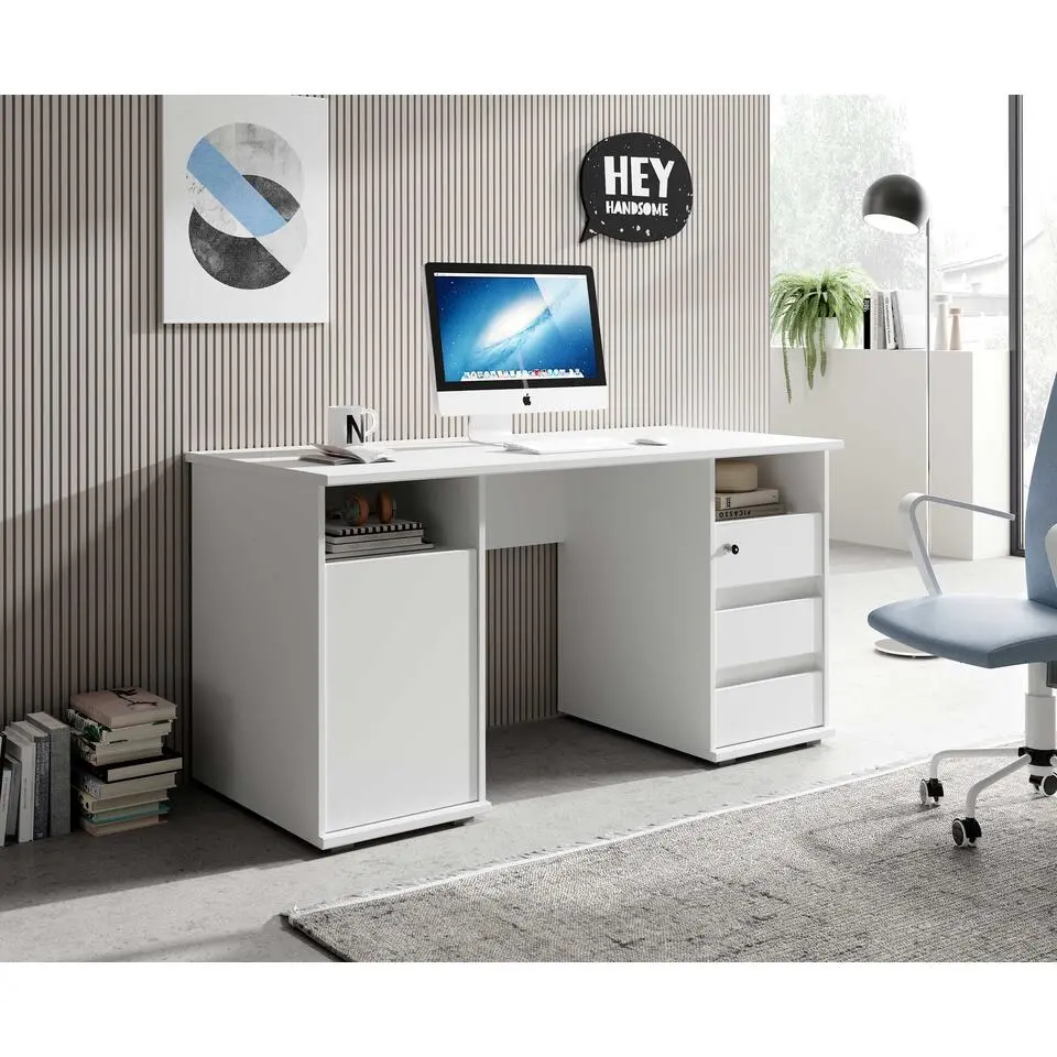 Bureau Primos 145cm met 3 lades & 1 deur - wit