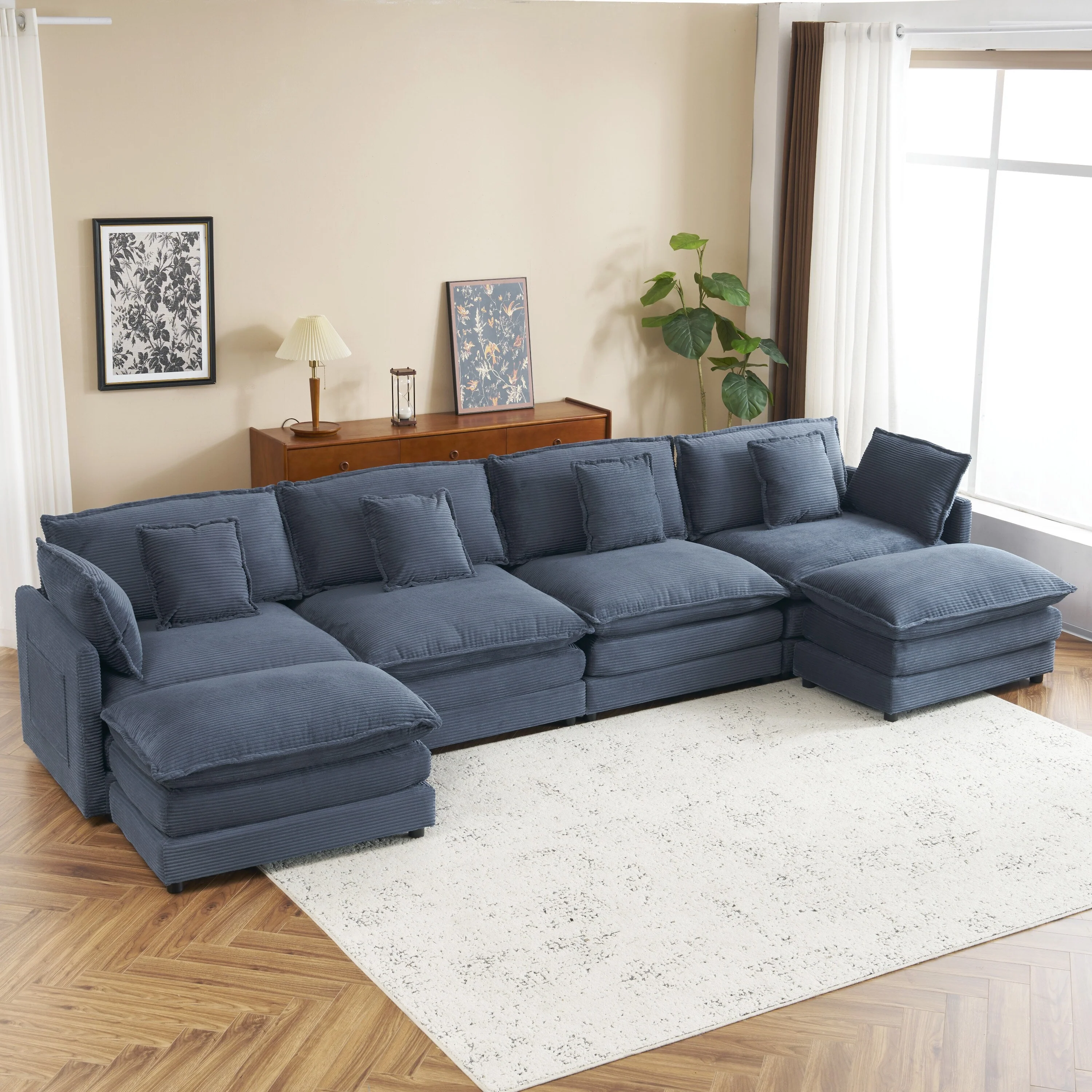 Modern Modular Sectional Sofa with Movable Ottomans and Deep Cushions and Storage Pockets for Living Rooms and Gathering Spaces