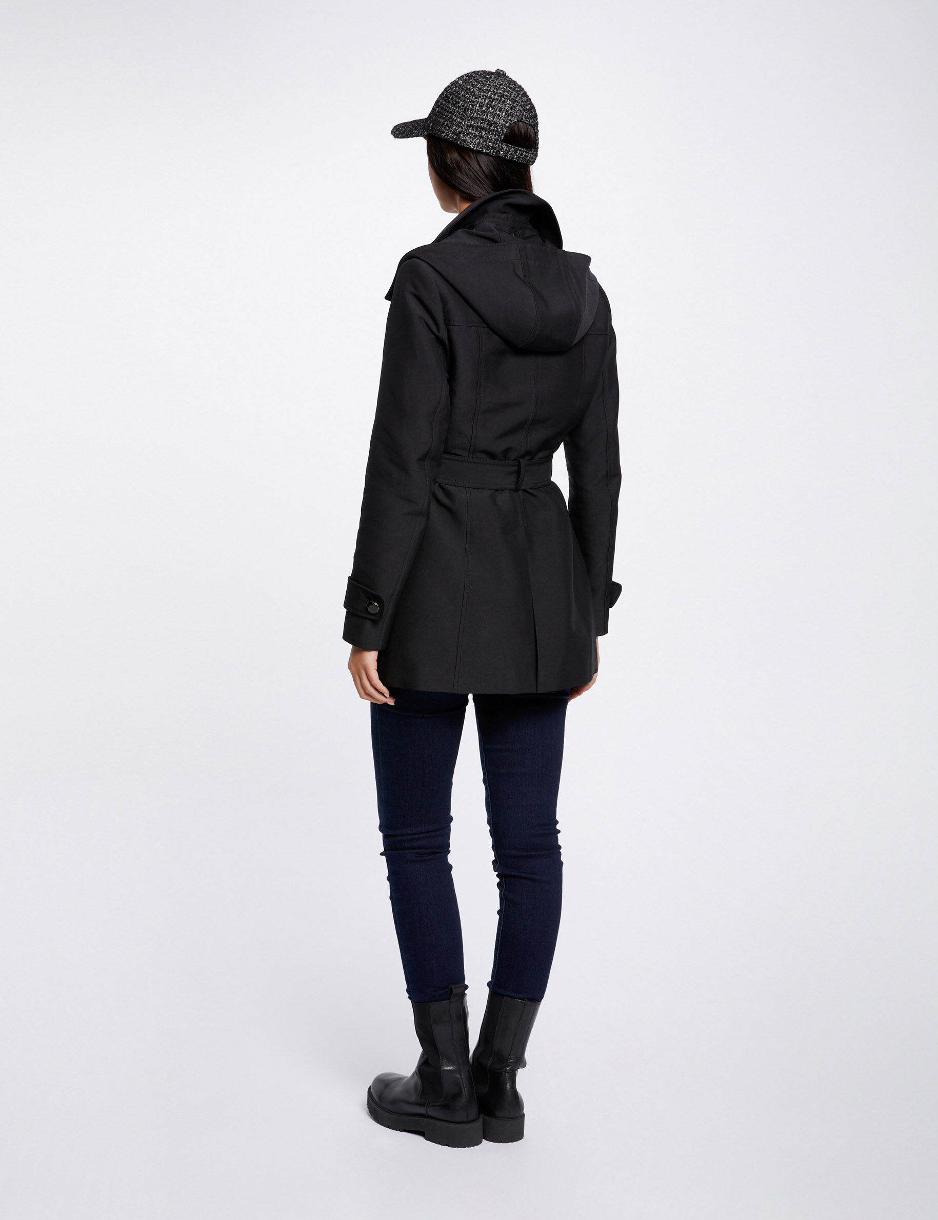 Waisted Belted Trenchcoat With Hood Black Women