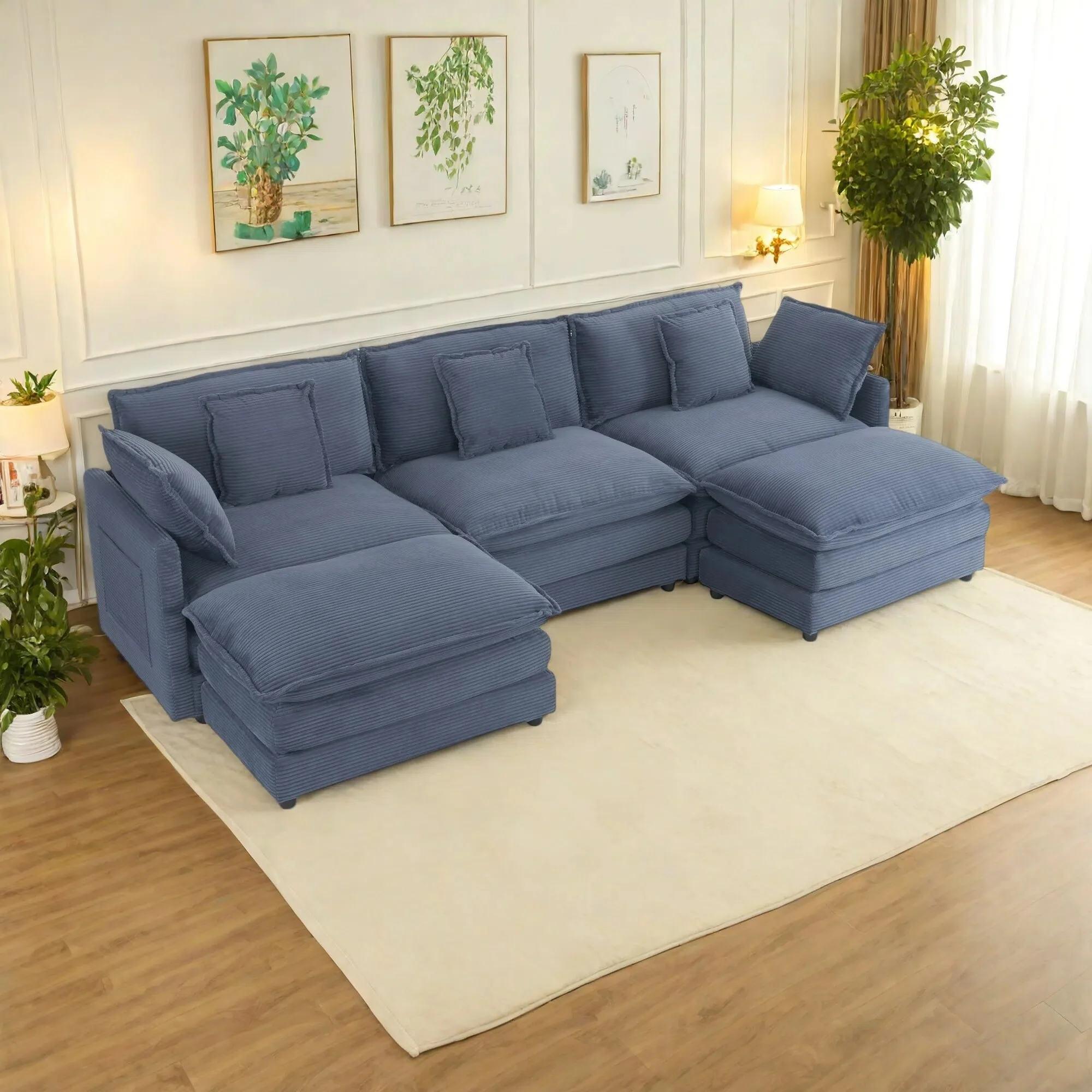 5-Piece 112.6 Corduroy Upholstered U-Shaped Modular Sectional Sofa with Side Storage Pockets