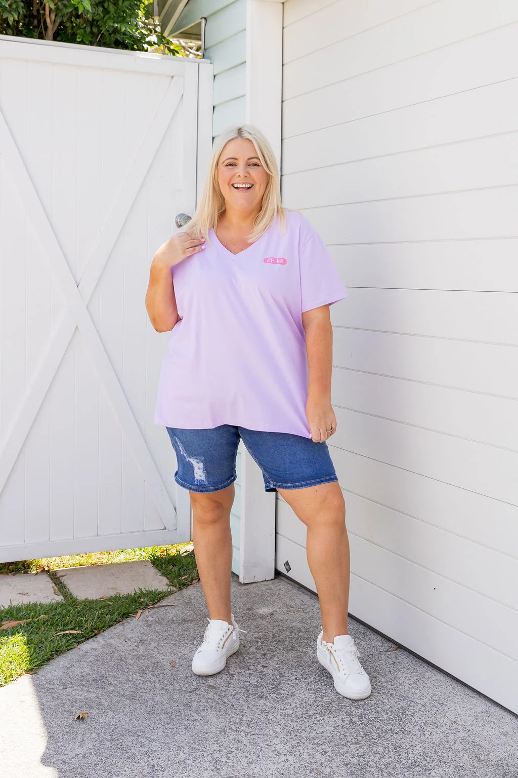 Della Relaxed V-Tee in Be Okay Lilac by Kasey Rainbow
