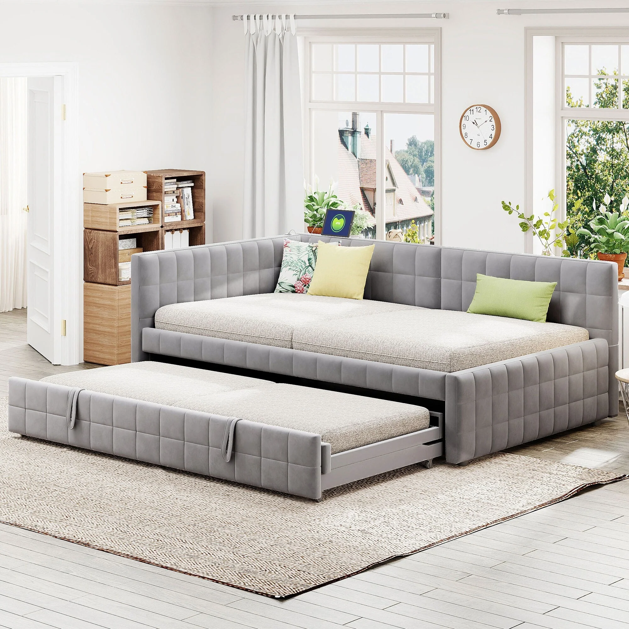 Full Size Upholstered L-Shaped Upholstered Daybed with Twin Size Pop Up Trundle and USB ports, Gray