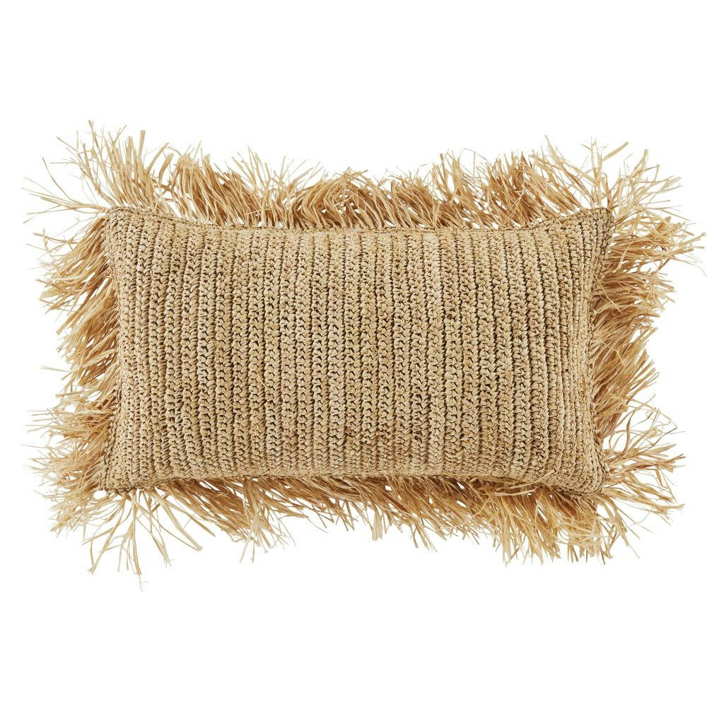 PUNTA CANA - Coussin en raphia tressé beige à franges 30x50