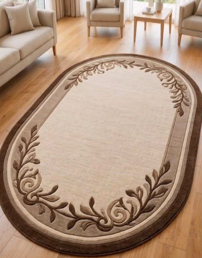 Hand Tufted Oval Area Rug, Beige Floral Border Rug, Wool Tufted Living Room Rug, Luxury Bedroom Carpet Decor