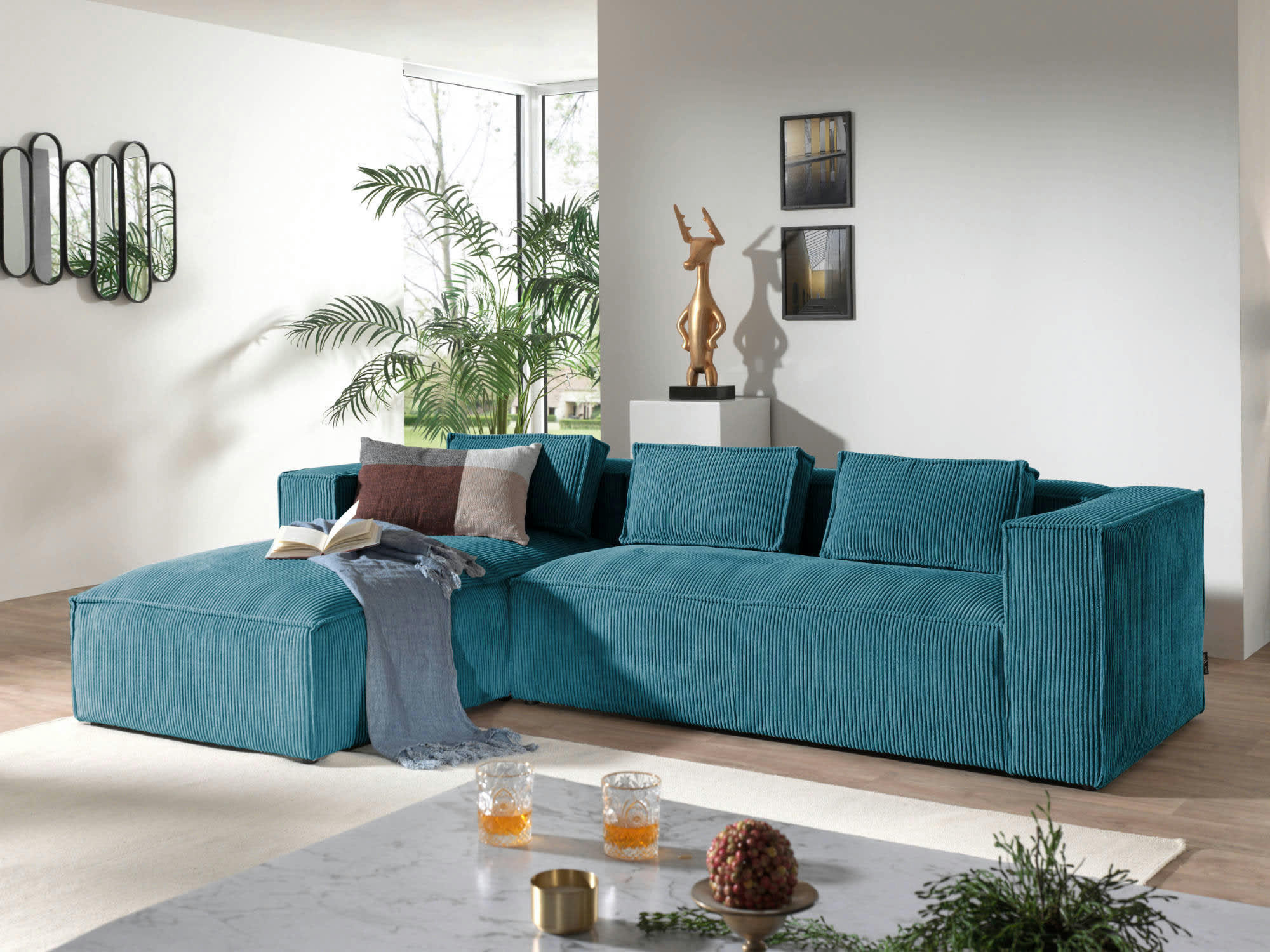 STELLA - Canapé d'angle gauche 4 places en velours côtelé bleu canard