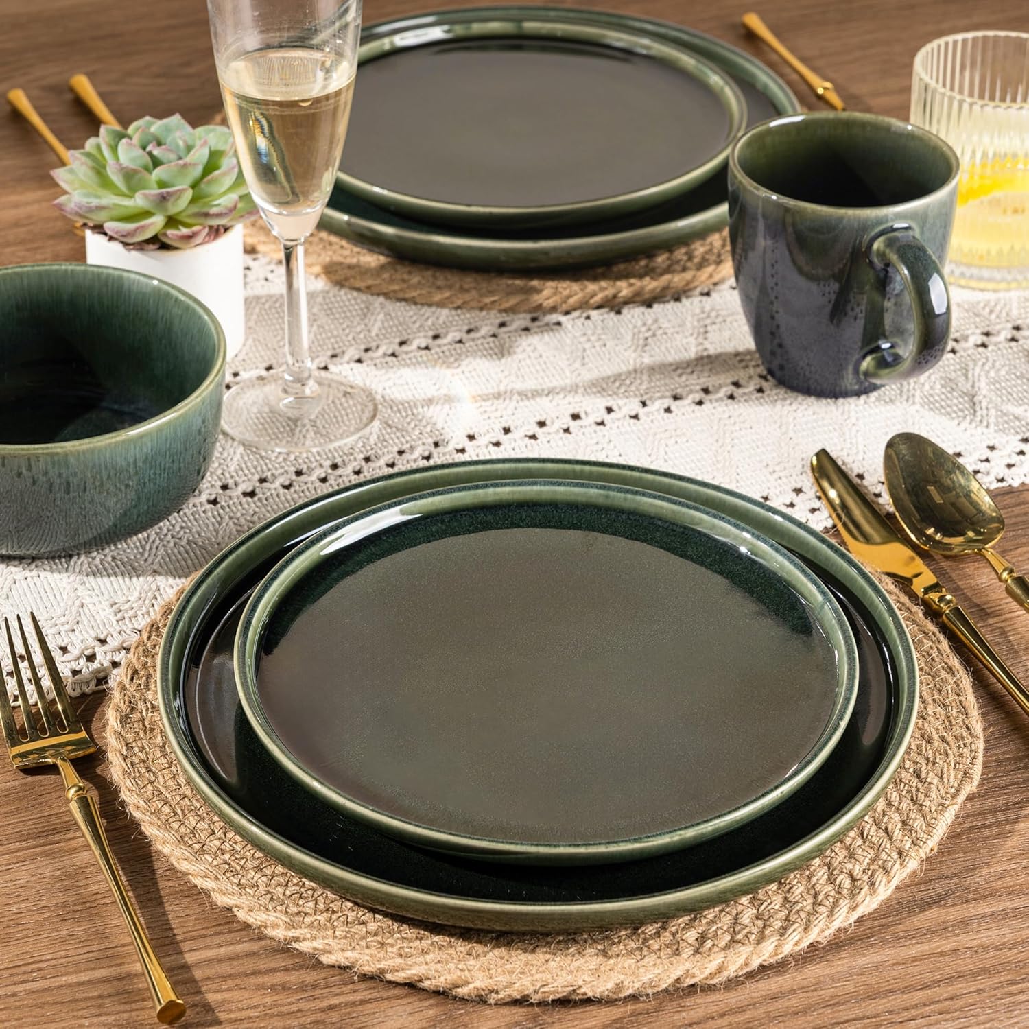 GBHOME Ceramic Dinnerware Sets for 4, 12 Pieces Stoneware Plates and Bowls Sets, Scratch Resistant Dishes, Dishwasher & Microwave Safe, Reactive Glaze-Earth Green