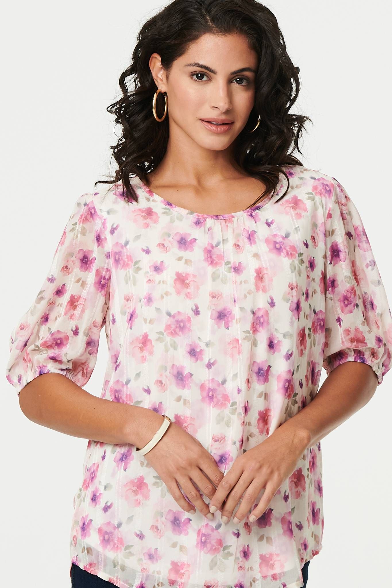 Izabel London Floral 1/2 Sleeve Semi Sheer Blouse