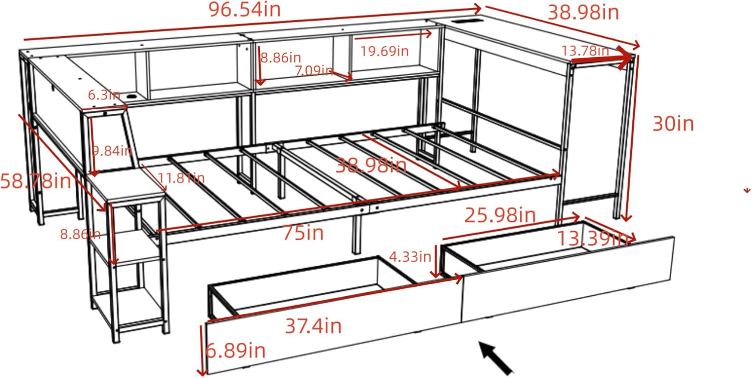 Bellemave Twin Corner Bed Frame with Desk and Storage, Twin Captains Bed with Charging Station,LED Light, Wood Daybeds with L-Shaped Bookcase and 2 Drawers, Black