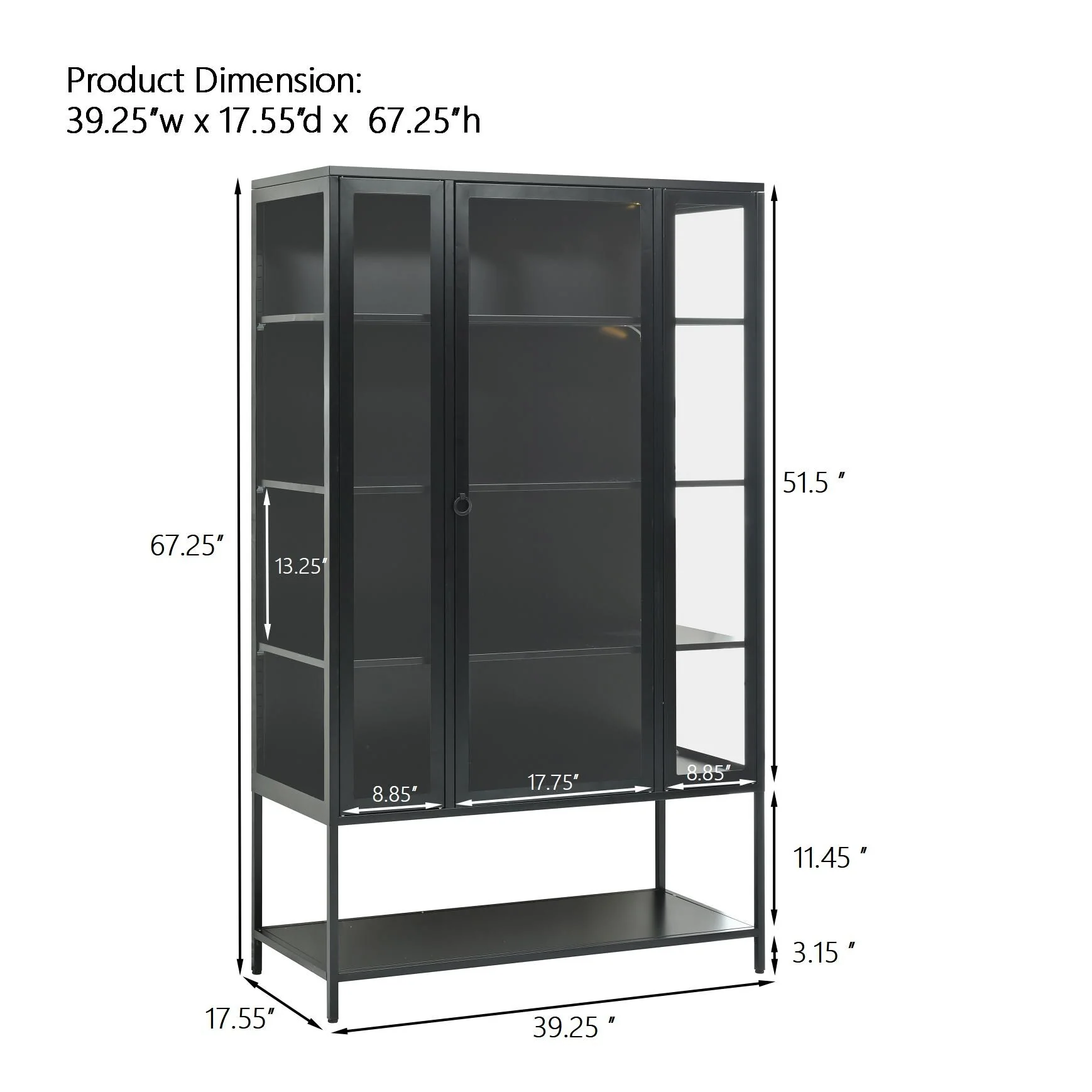 67.25Tall Iron Display Cabinet with Glass Door and LED Lights Steel Curio Cabinet, 3-Sided Glass Display Case