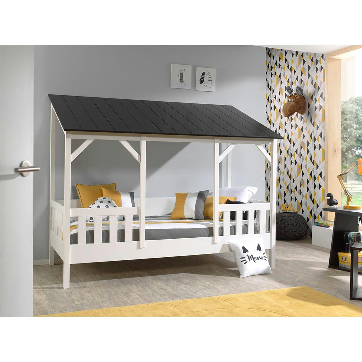 HOUSEBED - Lit cabane 90x200 sommier inclus blanc noir