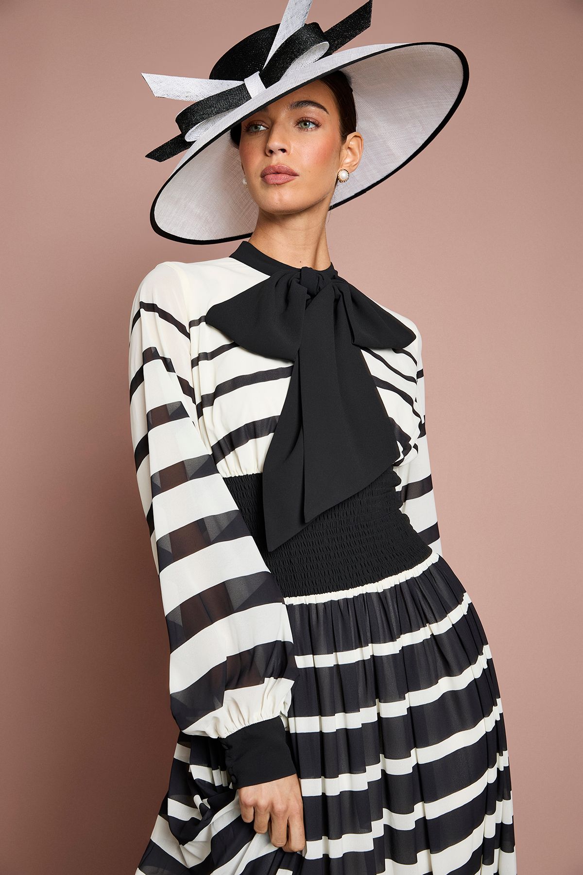 Coast Lisa Tan Bow Neck Stripe Print Maxi Dress