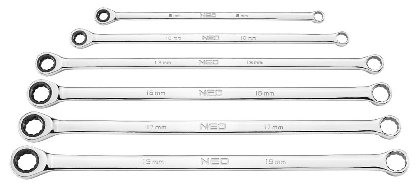 Klucze oczkowe z grzechotką, długie, 6szt. 8-19mm 09-370