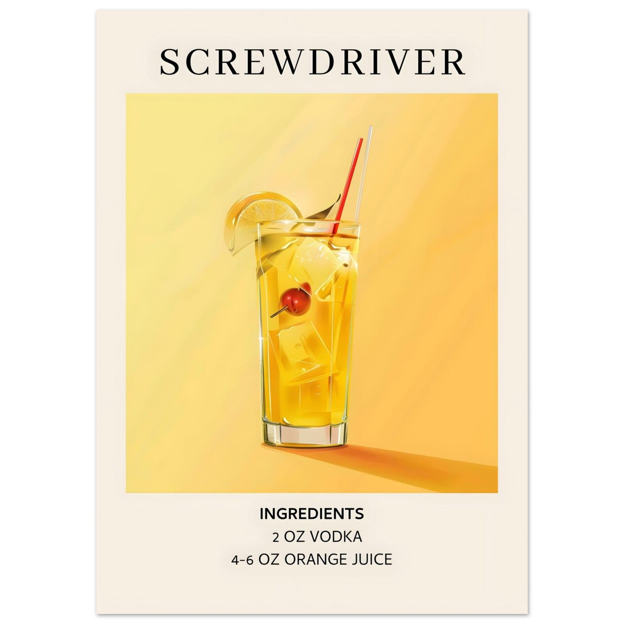 Artfulprints Poster Screwdriver cocktail - Ingrediënten  - 50x70 cm - Geel