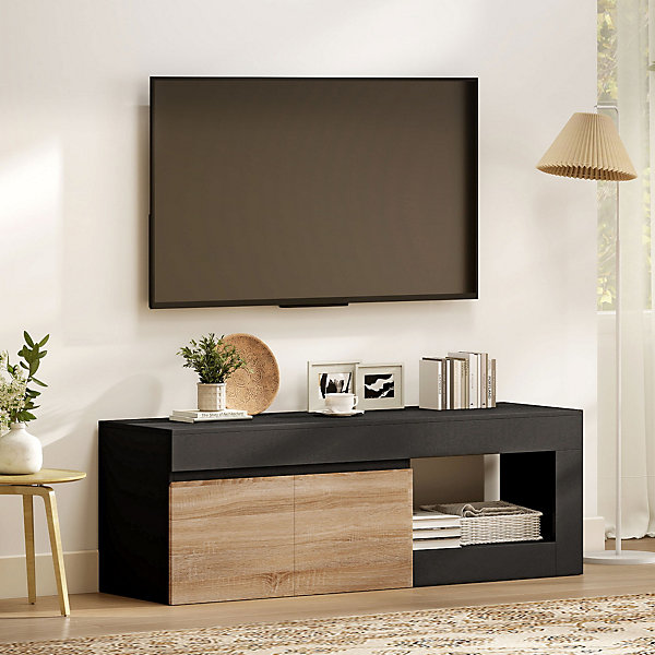Meuble TV style moderne bicolore 2 portes grande niche 140 x 40 x 48 cm effet bois naturel noir
