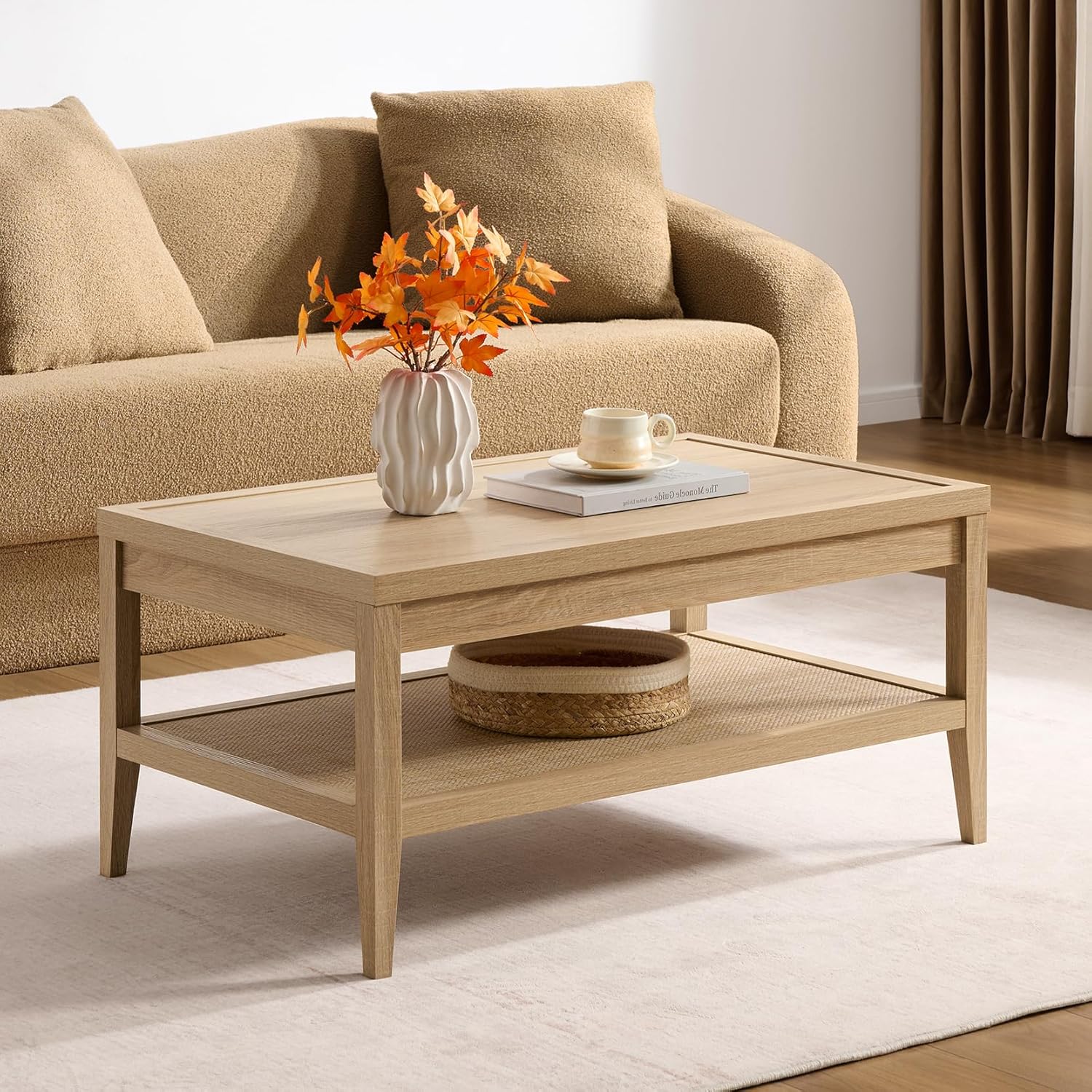 SICOTAS Rattan Coffee Table with Storage, 37.5 Large Rectangular Coffee Table with 2-Tier Shelves, Farmhouse Boho Center Table for Living Room, Office, Small Space