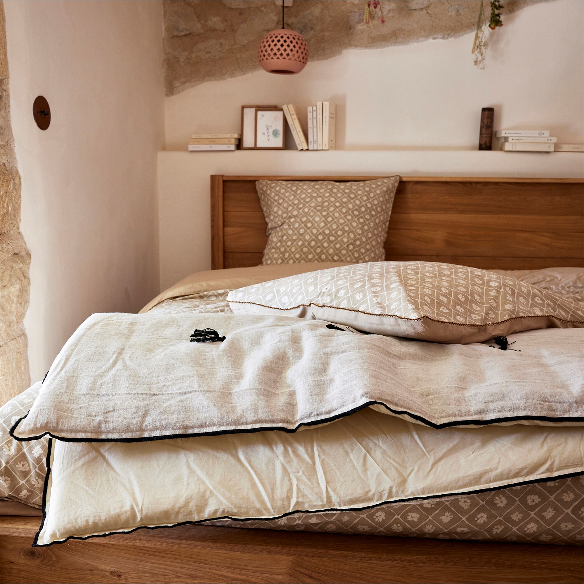 ELINA - Édredon en lin et coton 100x180cm piquage pompons double faces - blanc écru