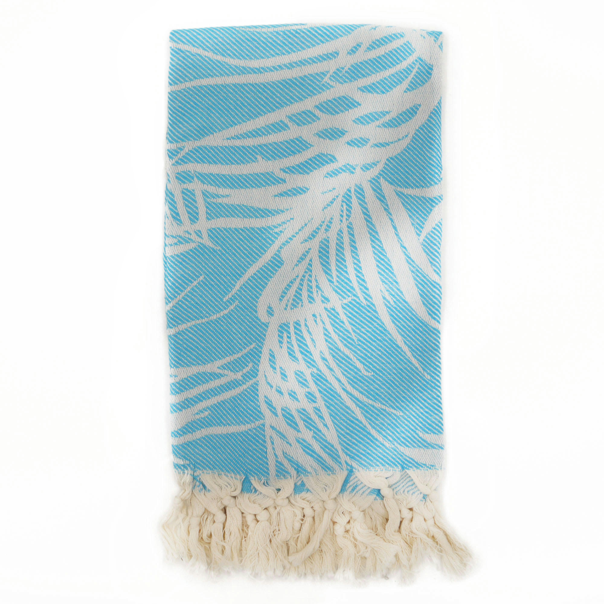- Fouta palmiers 100% coton avec franges turquoise 100x180cm