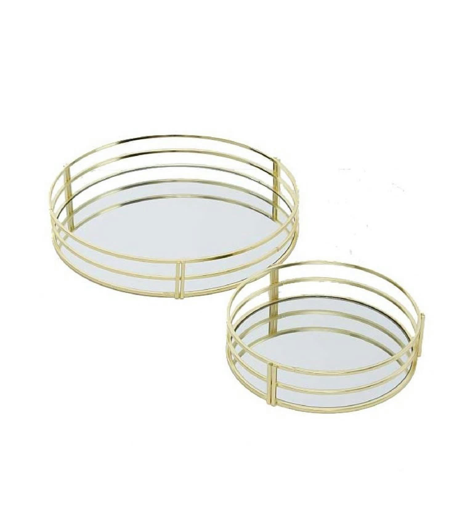 MIROIRS - Set de 2 plateaux ronds en métal doré et miroirs