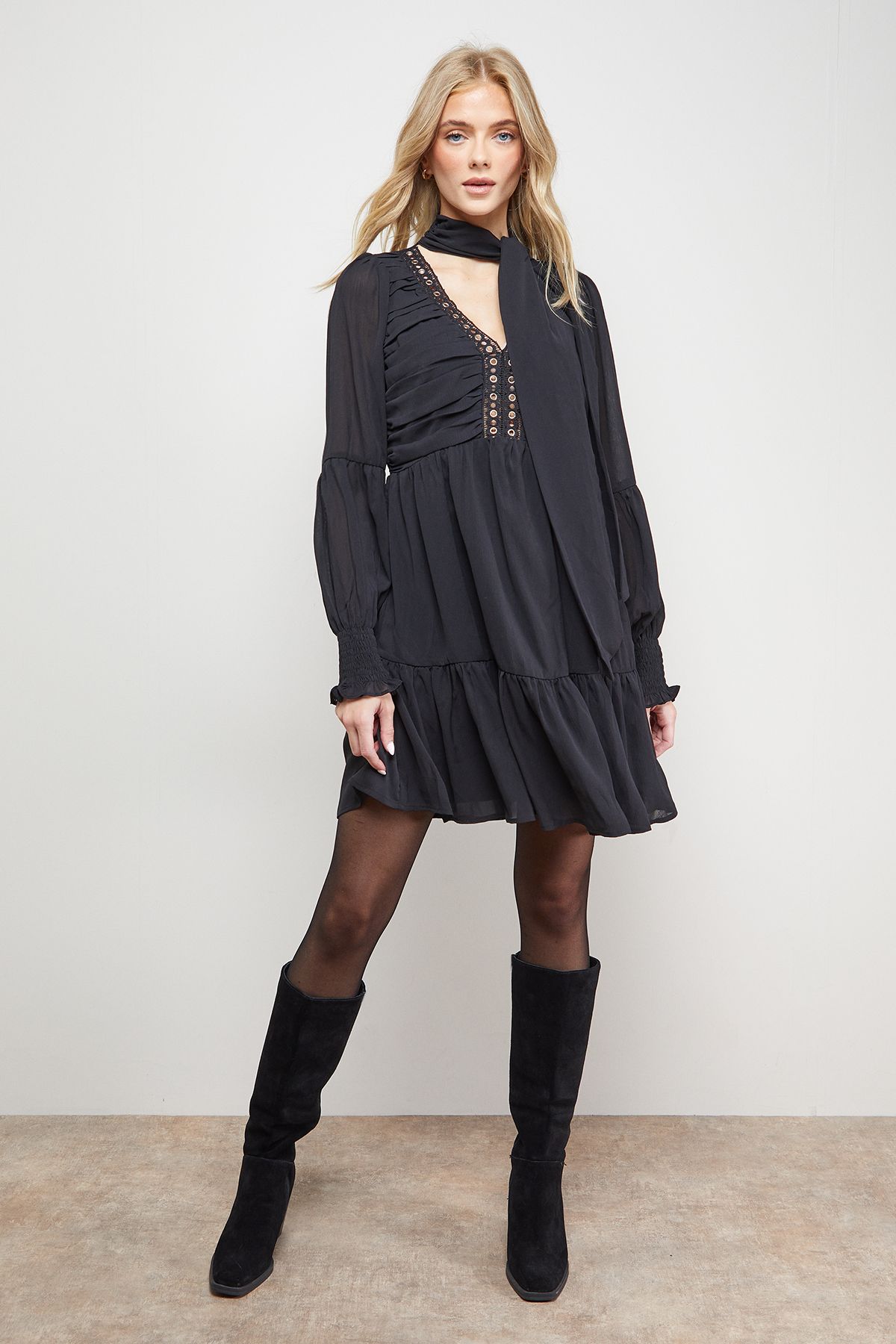 Oasis Ruched Bow Tie Mini Dress With Stud Trim